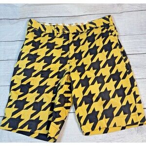 Loudmouth Shorts Mens 38 Black Yellow Flat Front Shorts Houndstooth Golf Sports